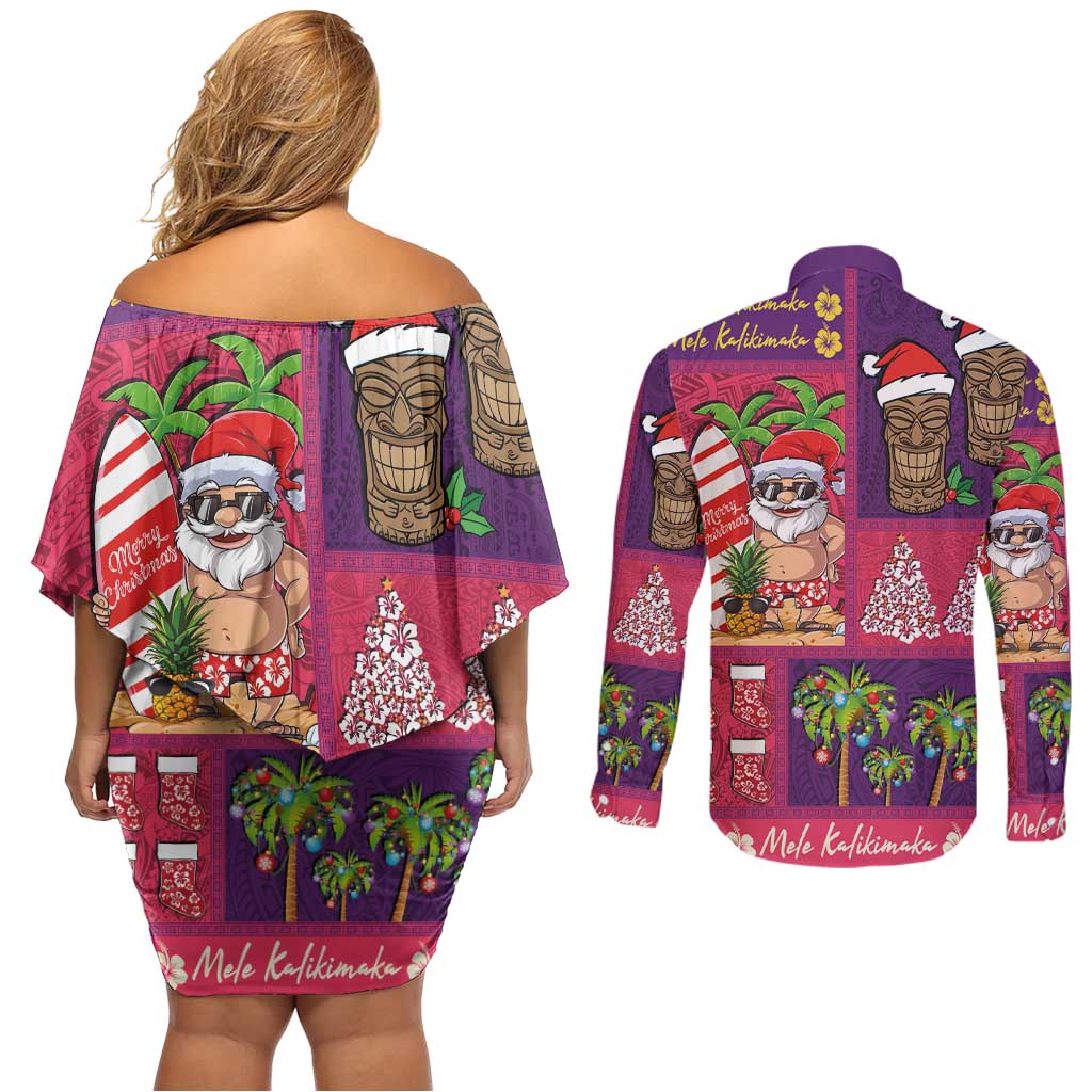 Hawaiian Christmas Couples Matching Off Shoulder Short Dress and Long Sleeve Button Shirt - Mele Kalikimaka Island Holiday Vibes - Pink Purple LT03 - Polynesian Pride