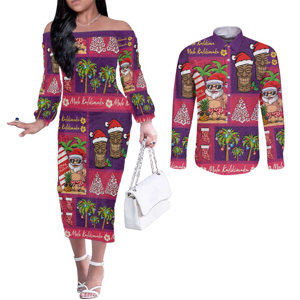 Hawaiian Christmas Couples Matching Off The Shoulder Long Sleeve Dress and Long Sleeve Button Shirt - Mele Kalikimaka Island Holiday Vibes - Pink Purple LT03 Pink - Purple - Polynesian Pride