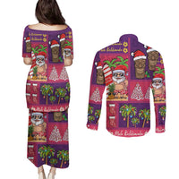 Hawaiian Christmas Couples Matching Puletasi and Long Sleeve Button Shirt - Mele Kalikimaka Island Holiday Vibes - Pink Purple LT03 - Polynesian Pride