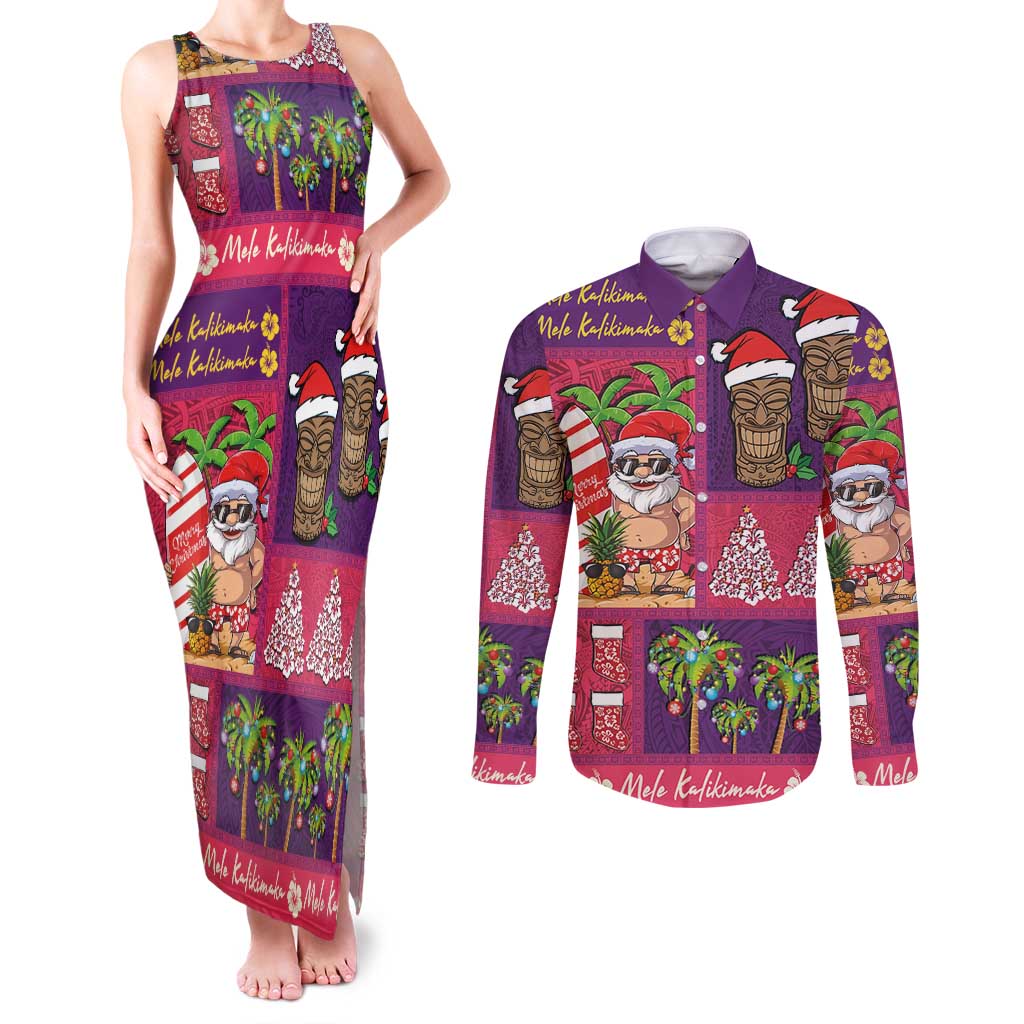 Hawaiian Christmas Couples Matching Tank Maxi Dress and Long Sleeve Button Shirt - Mele Kalikimaka Island Holiday Vibes - Pink Purple LT03 Pink - Purple - Polynesian Pride