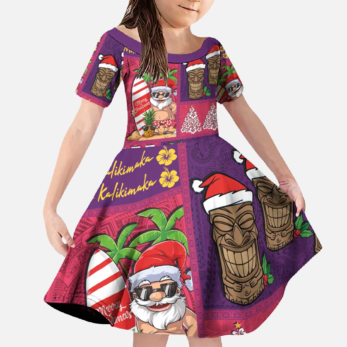 Hawaiian Christmas Family Matching Off The Shoulder Long Sleeve Dress and Hawaiian Shirt - Mele Kalikimaka Island Holiday Vibes - Pink Purple LT03 Daughter's Dress Pink - Purple - Polynesian Pride
