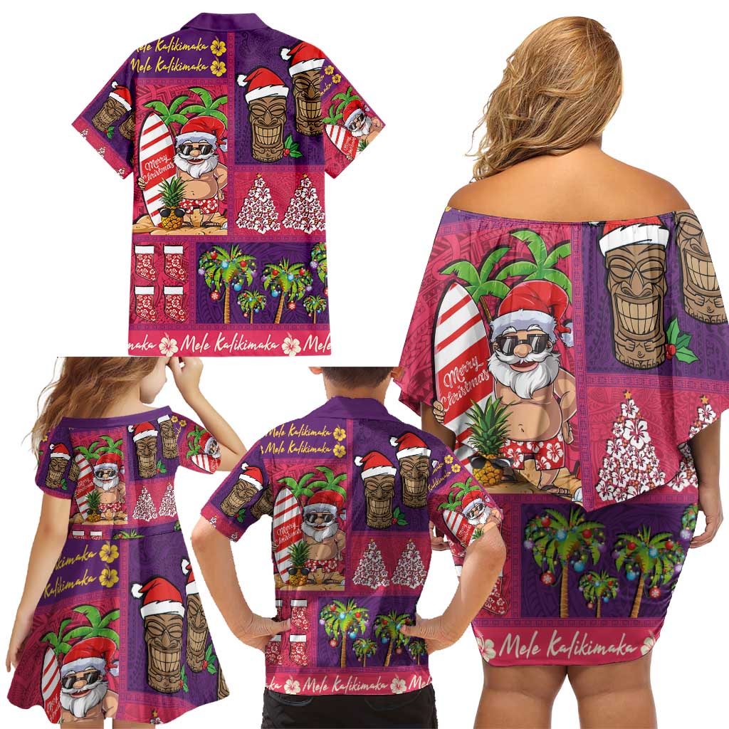 Hawaiian Christmas Family Matching Off Shoulder Short Dress and Hawaiian Shirt - Mele Kalikimaka Island Holiday Vibes - Pink Purple LT03 - Polynesian Pride