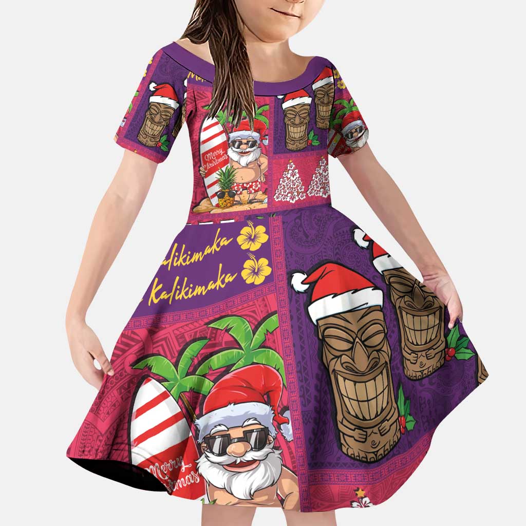 Hawaiian Christmas Family Matching Puletasi and Hawaiian Shirt - Mele Kalikimaka Island Holiday Vibes - Pink Purple LT03 Daughter's Dress Pink - Purple - Polynesian Pride