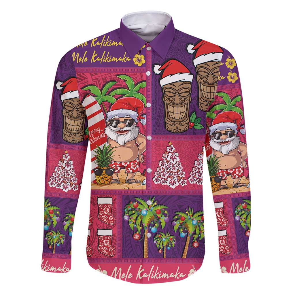 Hawaiian Christmas Family Matching Puletasi and Hawaiian Shirt - Mele Kalikimaka Island Holiday Vibes - Pink Purple LT03 Dad's Shirt - Long Sleeve Pink - Purple - Polynesian Pride