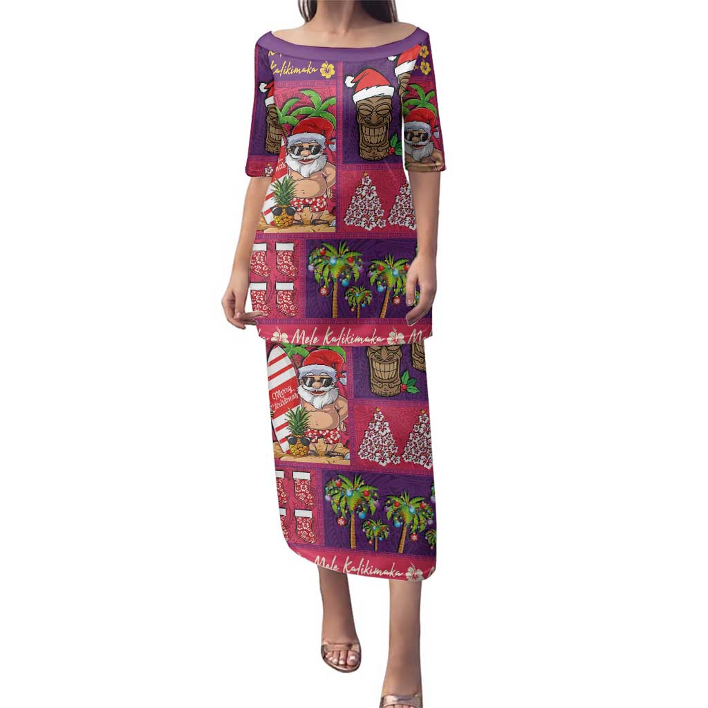 Hawaiian Christmas Family Matching Puletasi and Hawaiian Shirt - Mele Kalikimaka Island Holiday Vibes - Pink Purple LT03 Mom's Dress Pink - Purple - Polynesian Pride