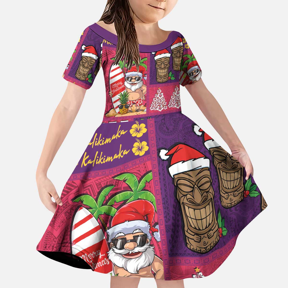 Hawaiian Christmas Kid Short Sleeve Dress - Mele Kalikimaka Island Holiday Vibes - Pink Purple LT03 KID Pink - Purple - Polynesian Pride