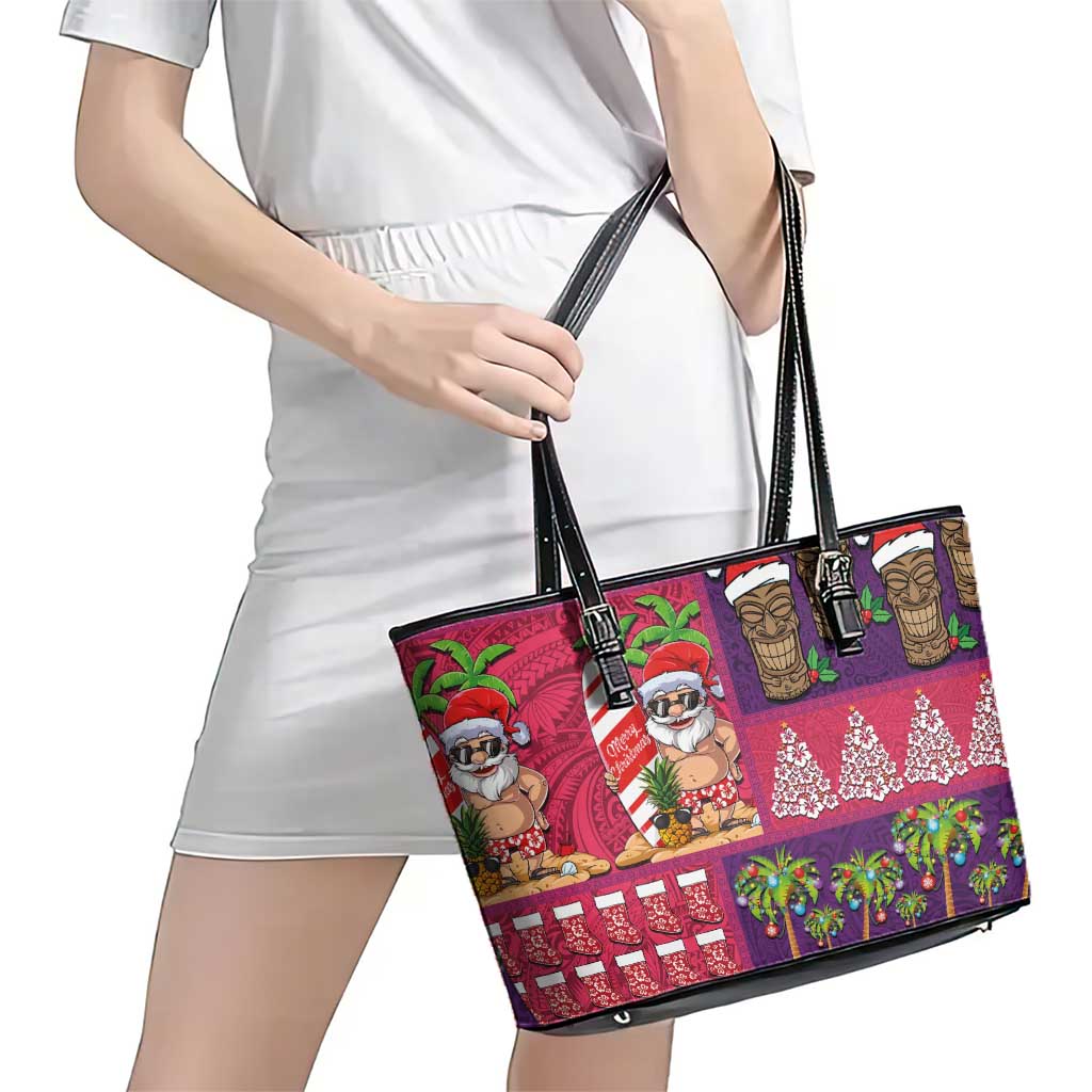 Hawaiian Christmas Leather Tote Bag - Mele Kalikimaka Island Holiday Vibes - Pink Purple LT03 - Polynesian Pride