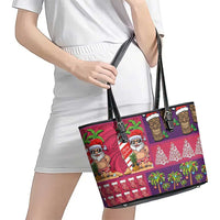 Hawaiian Christmas Leather Tote Bag - Mele Kalikimaka Island Holiday Vibes - Pink Purple LT03 - Polynesian Pride