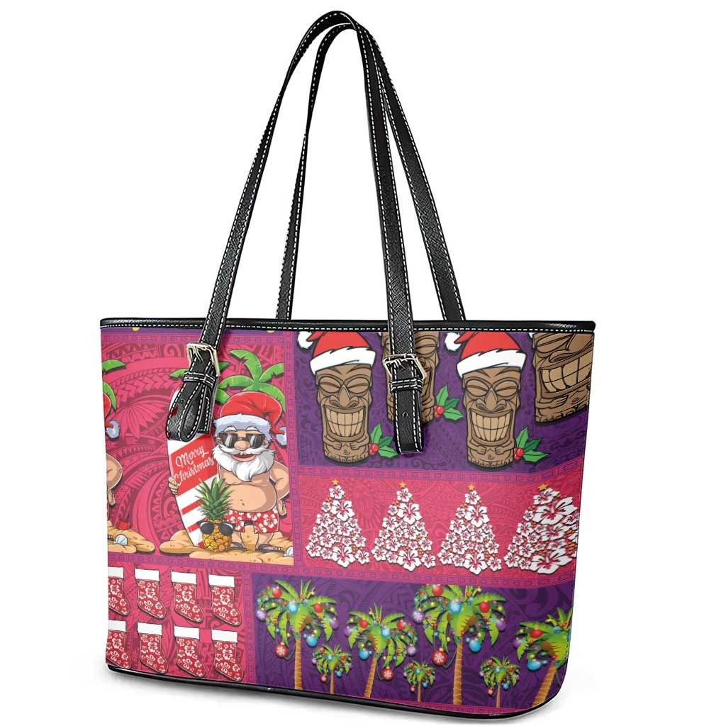 Hawaiian Christmas Leather Tote Bag - Mele Kalikimaka Island Holiday Vibes - Pink Purple LT03 - Polynesian Pride
