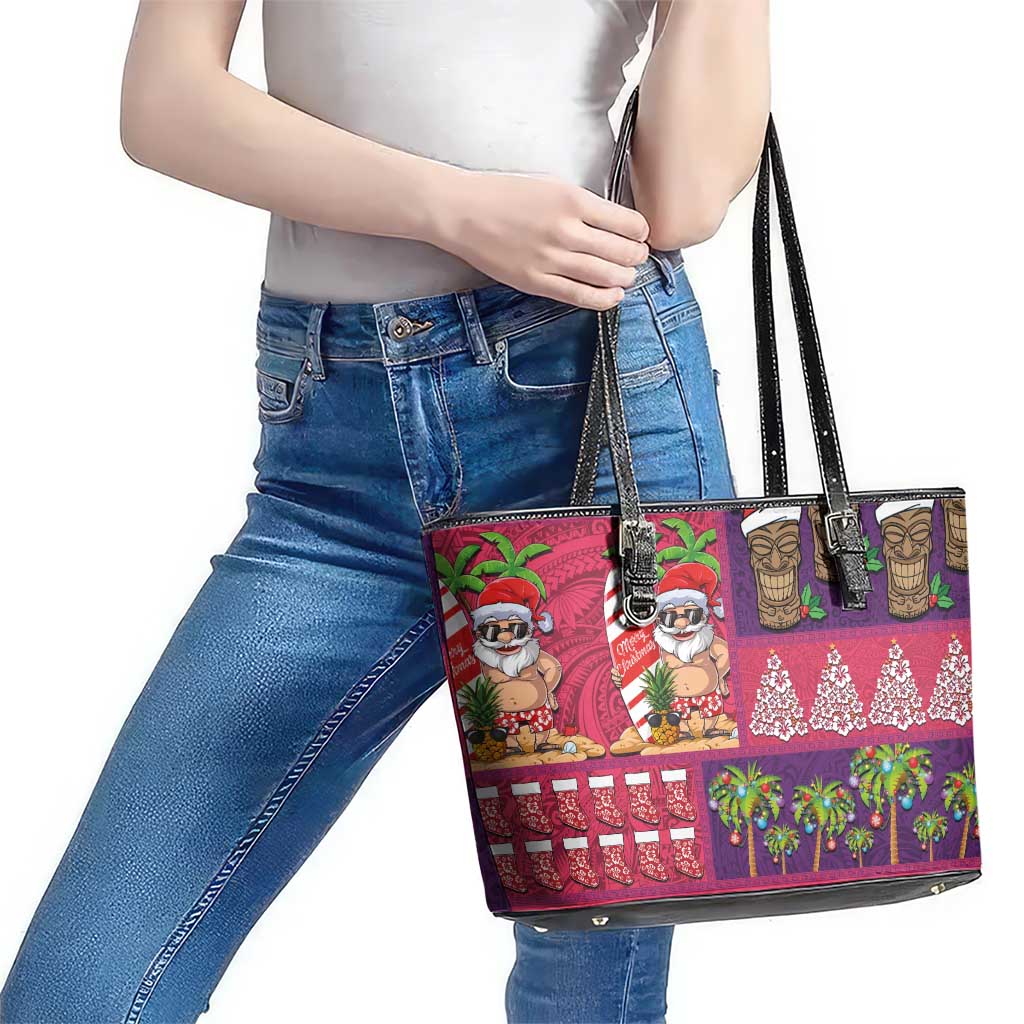 Hawaiian Christmas Leather Tote Bag - Mele Kalikimaka Island Holiday Vibes - Pink Purple LT03 - Polynesian Pride