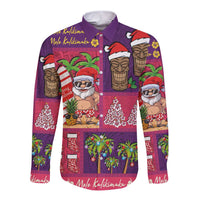 Hawaiian Christmas Long Sleeve Button Shirt - Mele Kalikimaka Island Holiday Vibes - Pink Purple LT03 Unisex Pink - Purple - Polynesian Pride