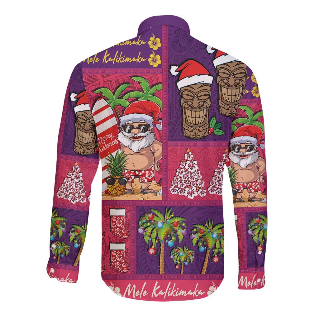 Hawaiian Christmas Long Sleeve Button Shirt - Mele Kalikimaka Island Holiday Vibes - Pink Purple LT03 - Polynesian Pride
