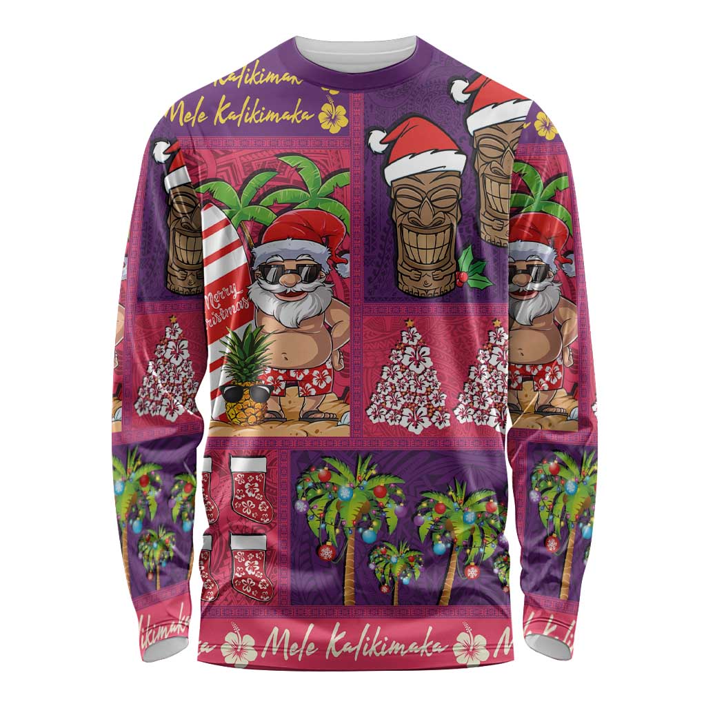 Hawaiian Christmas Long Sleeve Shirt - Mele Kalikimaka Island Holiday Vibes - Pink Purple LT03 Unisex Pink - Purple - Polynesian Pride