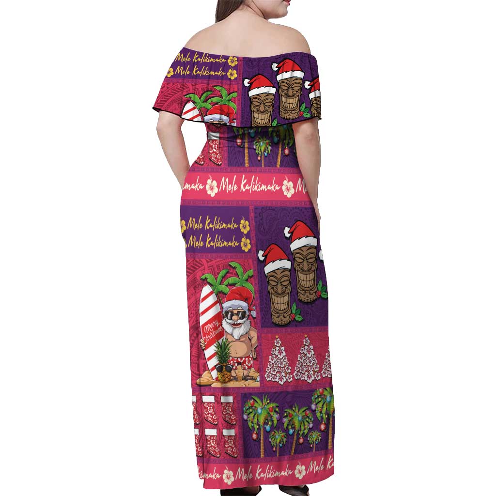 Hawaiian Christmas Off Shoulder Maxi Dress - Mele Kalikimaka Island Holiday Vibes - Pink Purple LT03 - Polynesian Pride
