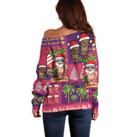 Hawaiian Christmas Off Shoulder Sweater - Mele Kalikimaka Island Holiday Vibes - Pink Purple LT03 - Polynesian Pride