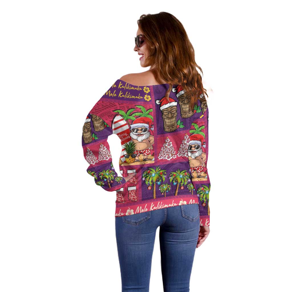 Hawaiian Christmas Off Shoulder Sweater - Mele Kalikimaka Island Holiday Vibes - Pink Purple LT03 - Polynesian Pride