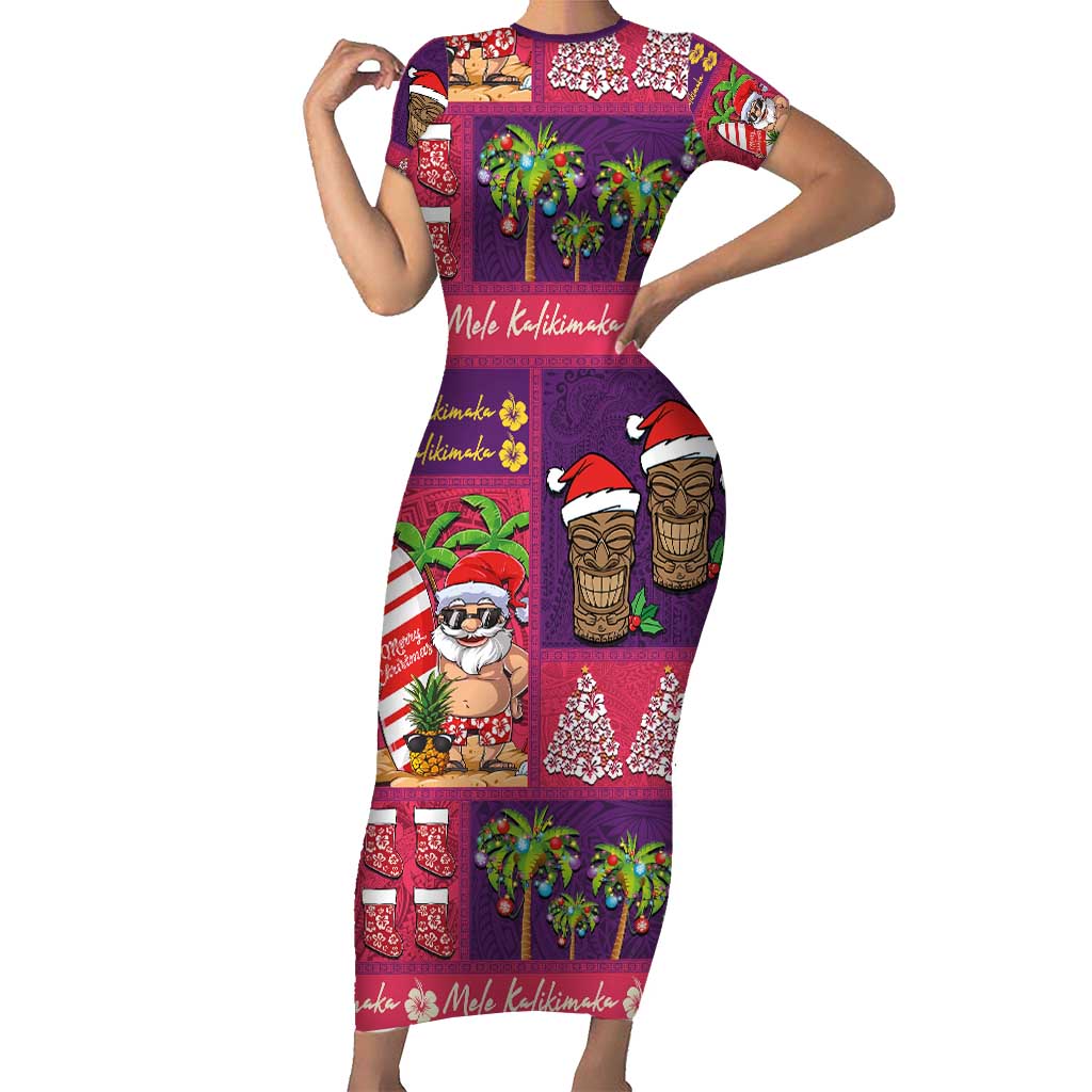 Hawaiian Christmas Short Sleeve Bodycon Dress - Mele Kalikimaka Island Holiday Vibes - Pink Purple LT03 Long Dress Pink - Purple - Polynesian Pride