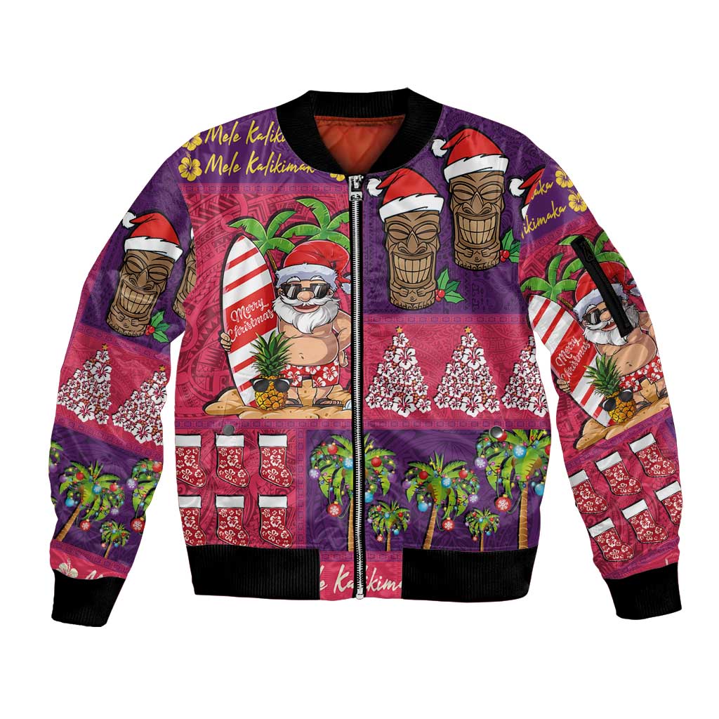Hawaiian Christmas Sleeve Zip Bomber Jacket - Mele Kalikimaka Island Holiday Vibes - Pink Purple LT03 Unisex Pink - Purple - Polynesian Pride