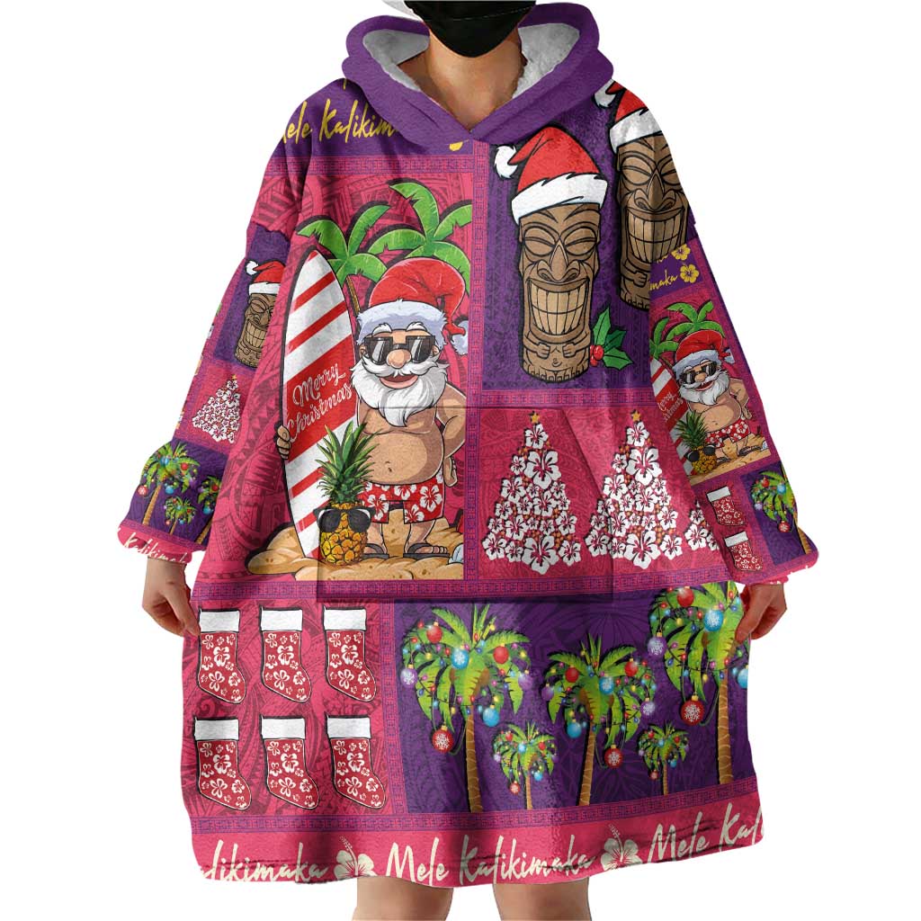 Hawaiian Christmas Wearable Blanket Hoodie - Mele Kalikimaka Island Holiday Vibes - Pink Purple LT03 - Polynesian Pride