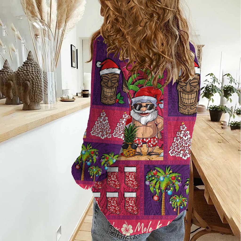 Hawaiian Christmas Women Casual Shirt - Mele Kalikimaka Island Holiday Vibes - Pink Purple LT03 - Polynesian Pride