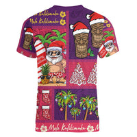 Hawaiian Christmas Women V-Neck T-Shirt - Mele Kalikimaka Island Holiday Vibes - Pink Purple LT03 - Polynesian Pride