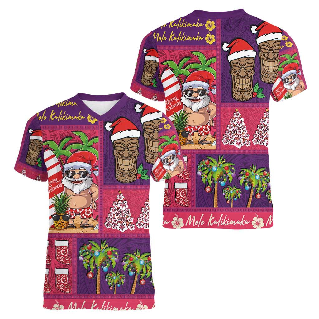 Hawaiian Christmas Women V-Neck T-Shirt - Mele Kalikimaka Island Holiday Vibes - Pink Purple LT03 - Polynesian Pride