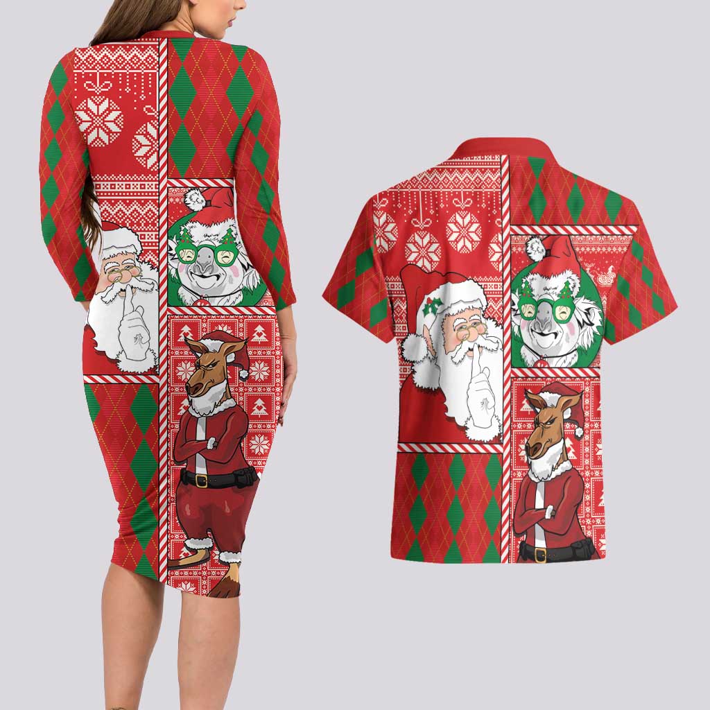 Australian Christmas Couples Matching Long Sleeve Bodycon Dress and Hawaiian Shirt - Santa Koala Kangaroo and Holiday Cheer LT03 - Polynesian Pride