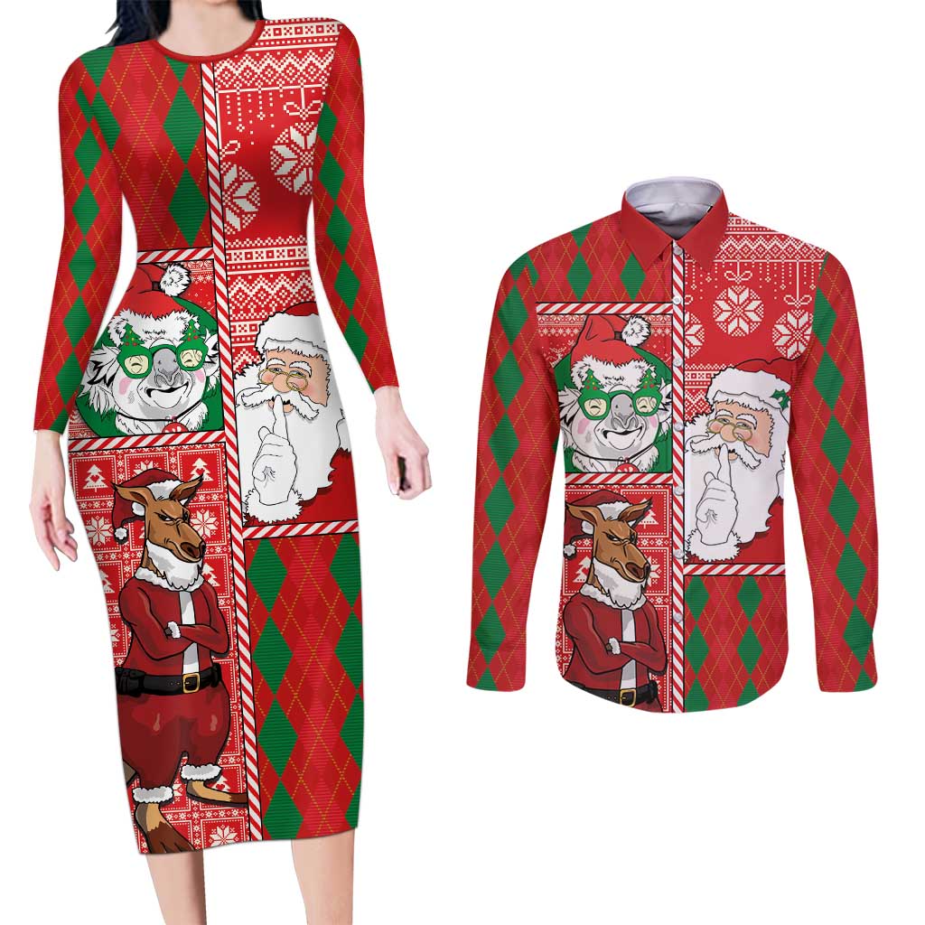 Australian Christmas Couples Matching Long Sleeve Bodycon Dress and Long Sleeve Button Shirt - Santa Koala Kangaroo and Holiday Cheer LT03 Red - Polynesian Pride