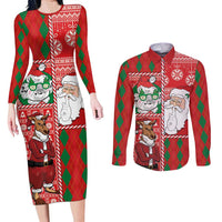 Australian Christmas Couples Matching Long Sleeve Bodycon Dress and Long Sleeve Button Shirt - Santa Koala Kangaroo and Holiday Cheer LT03 Red - Polynesian Pride