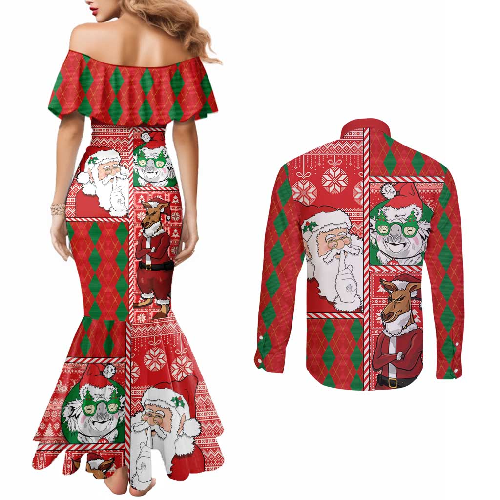 Australian Christmas Couples Matching Mermaid Dress and Long Sleeve Button Shirt - Santa Koala Kangaroo and Holiday Cheer LT03 - Polynesian Pride