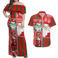 Australian Christmas Couples Matching Off Shoulder Maxi Dress and Hawaiian Shirt - Santa Koala Kangaroo and Holiday Cheer LT03 Red - Polynesian Pride