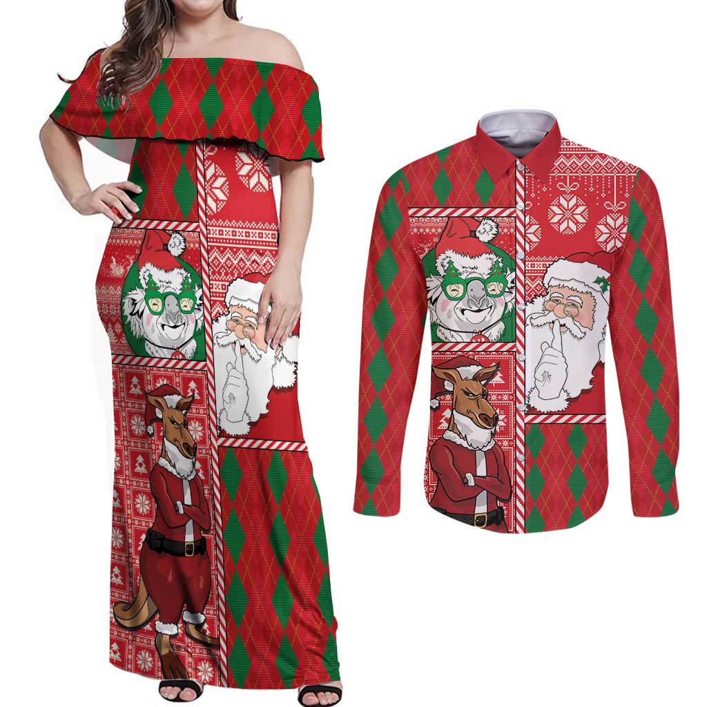 Australian Christmas Couples Matching Off Shoulder Maxi Dress and Long Sleeve Button Shirt - Santa Koala Kangaroo and Holiday Cheer LT03 Red - Polynesian Pride