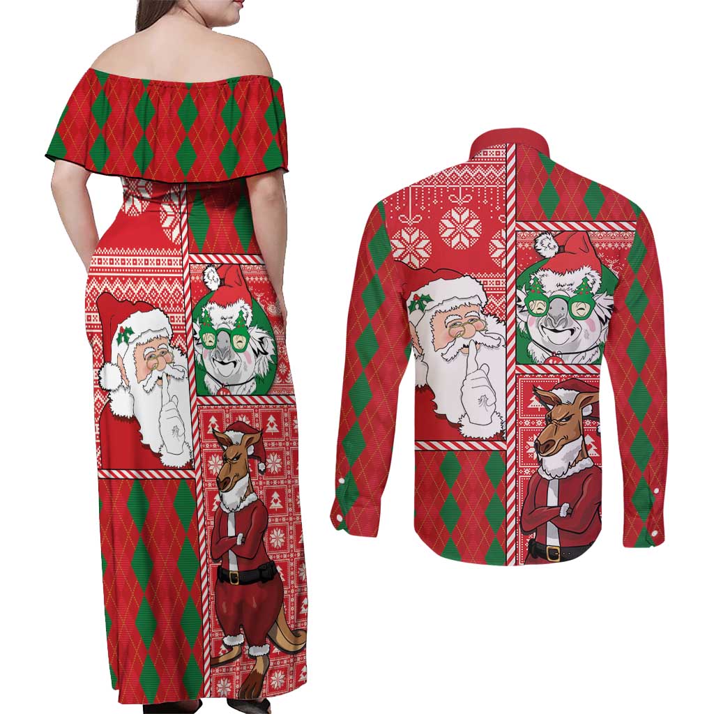 Australian Christmas Couples Matching Off Shoulder Maxi Dress and Long Sleeve Button Shirt - Santa Koala Kangaroo and Holiday Cheer LT03 - Polynesian Pride