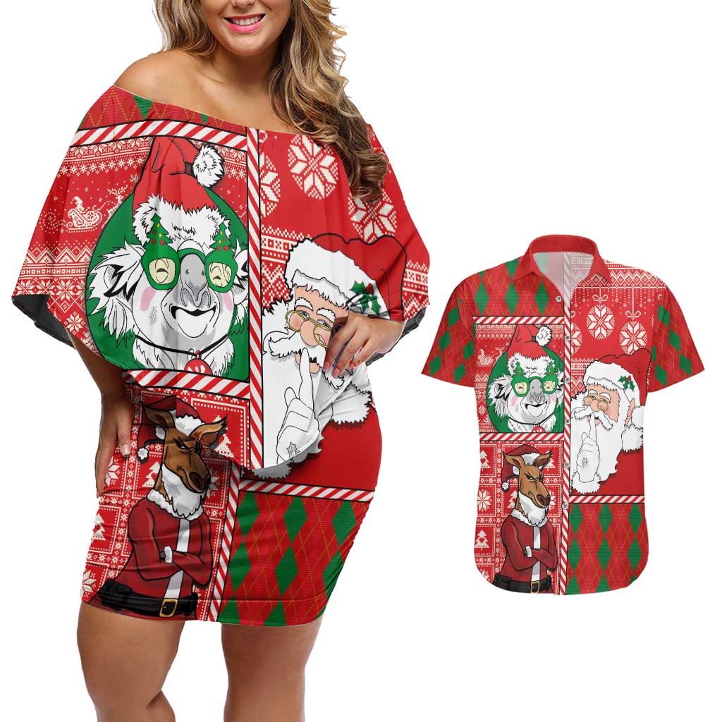 Australian Christmas Couples Matching Off Shoulder Short Dress and Hawaiian Shirt - Santa Koala Kangaroo and Holiday Cheer LT03 Red - Polynesian Pride
