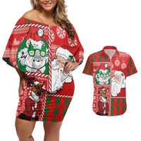 Australian Christmas Couples Matching Off Shoulder Short Dress and Hawaiian Shirt - Santa Koala Kangaroo and Holiday Cheer LT03 Red - Polynesian Pride