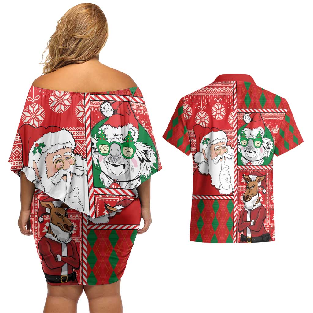 Australian Christmas Couples Matching Off Shoulder Short Dress and Hawaiian Shirt - Santa Koala Kangaroo and Holiday Cheer LT03 - Polynesian Pride