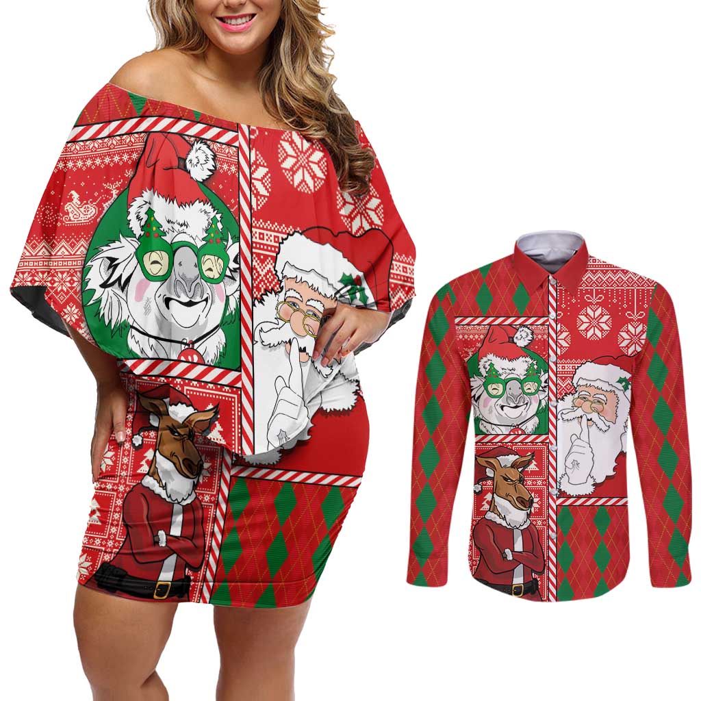Australian Christmas Couples Matching Off Shoulder Short Dress and Long Sleeve Button Shirt - Santa Koala Kangaroo and Holiday Cheer LT03 Red - Polynesian Pride