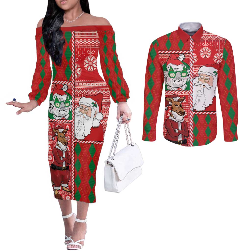 Australian Christmas Couples Matching Off The Shoulder Long Sleeve Dress and Long Sleeve Button Shirt - Santa Koala Kangaroo and Holiday Cheer LT03 Red - Polynesian Pride