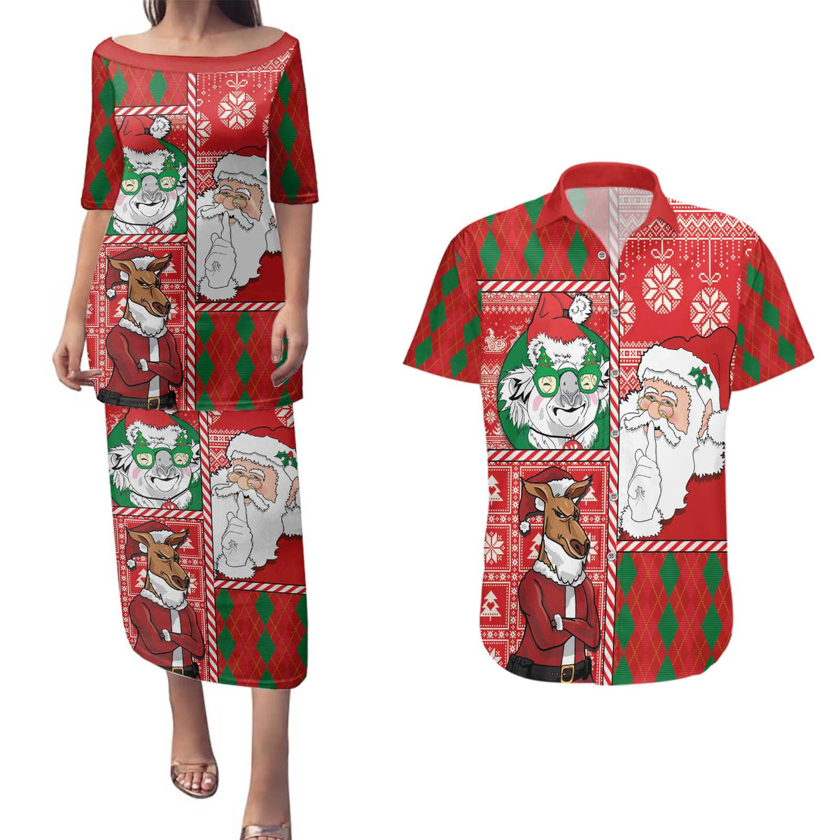 Australian Christmas Couples Matching Puletasi and Hawaiian Shirt - Santa Koala Kangaroo and Holiday Cheer LT03 Red - Polynesian Pride