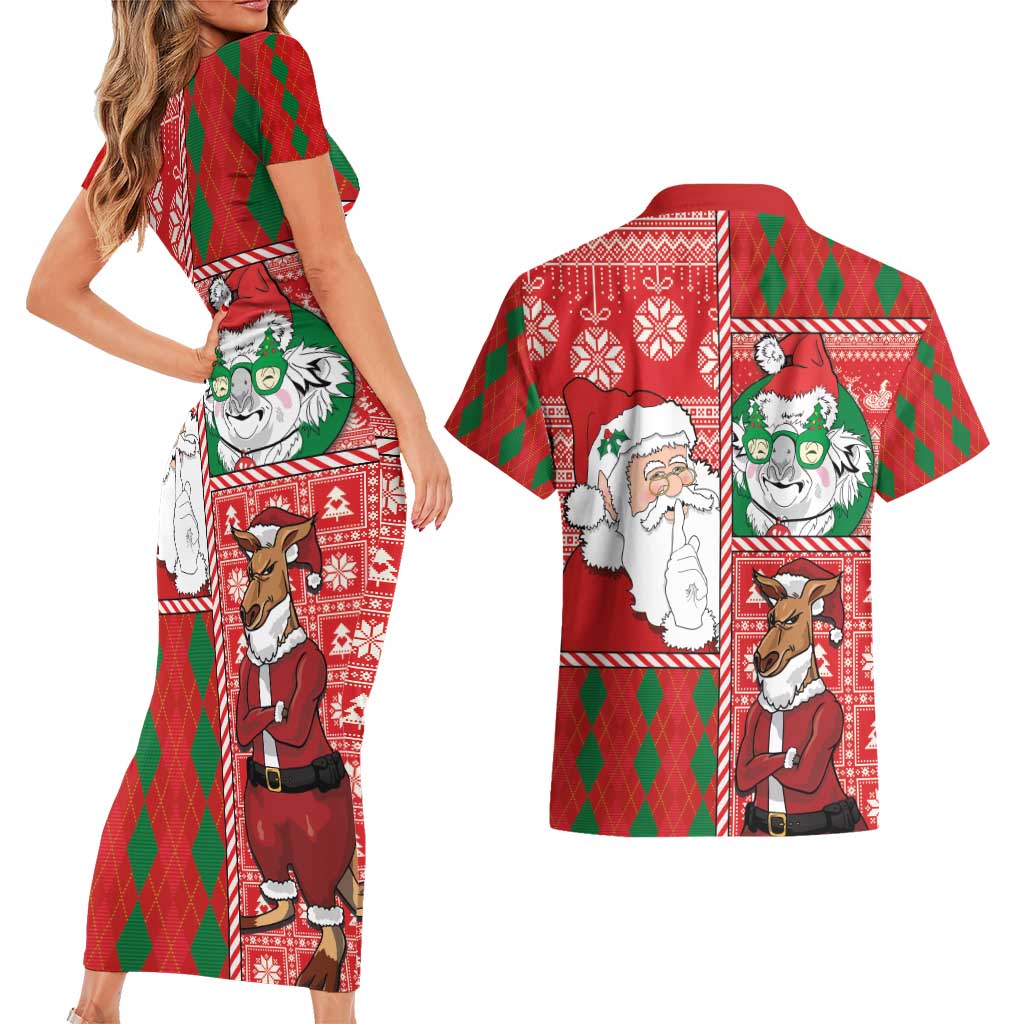Australian Christmas Couples Matching Short Sleeve Bodycon Dress and Hawaiian Shirt - Santa Koala Kangaroo and Holiday Cheer LT03 - Polynesian Pride