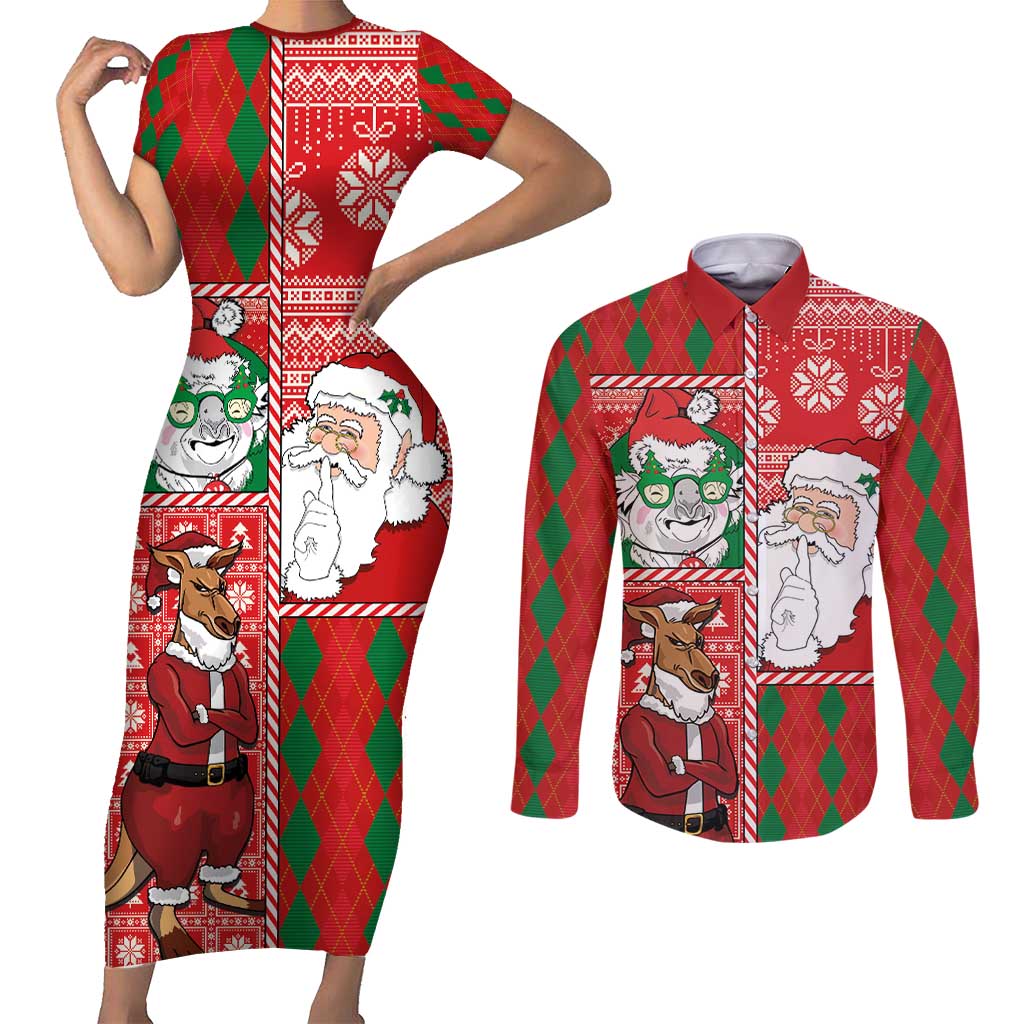 Australian Christmas Couples Matching Short Sleeve Bodycon Dress and Long Sleeve Button Shirt - Santa Koala Kangaroo and Holiday Cheer LT03 Red - Polynesian Pride