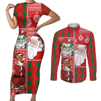 Australian Christmas Couples Matching Short Sleeve Bodycon Dress and Long Sleeve Button Shirt - Santa Koala Kangaroo and Holiday Cheer LT03 Red - Polynesian Pride