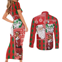 Australian Christmas Couples Matching Short Sleeve Bodycon Dress and Long Sleeve Button Shirt - Santa Koala Kangaroo and Holiday Cheer LT03 - Polynesian Pride