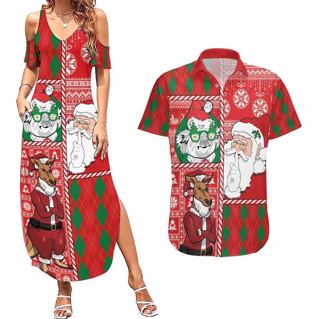 Australian Christmas Couples Matching Summer Maxi Dress and Hawaiian Shirt - Santa Koala Kangaroo and Holiday Cheer LT03 Red - Polynesian Pride