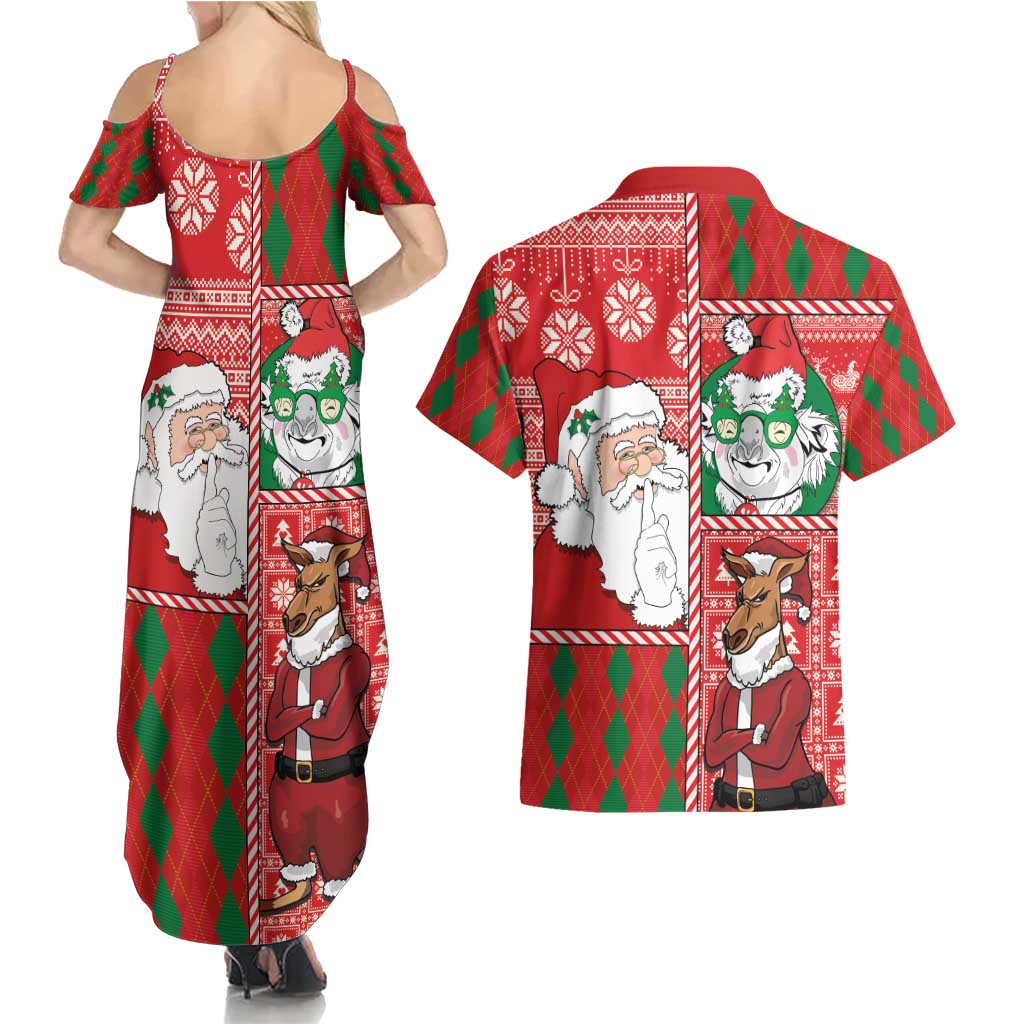 Australian Christmas Couples Matching Summer Maxi Dress and Hawaiian Shirt - Santa Koala Kangaroo and Holiday Cheer LT03 - Polynesian Pride