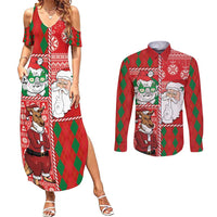 Australian Christmas Couples Matching Summer Maxi Dress and Long Sleeve Button Shirt - Santa Koala Kangaroo and Holiday Cheer LT03 Red - Polynesian Pride