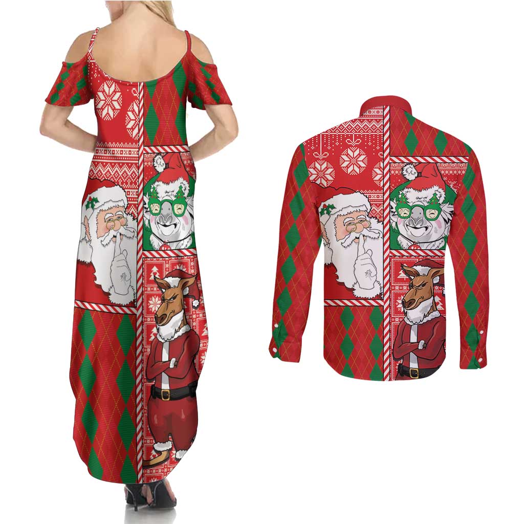 Australian Christmas Couples Matching Summer Maxi Dress and Long Sleeve Button Shirt - Santa Koala Kangaroo and Holiday Cheer LT03 - Polynesian Pride
