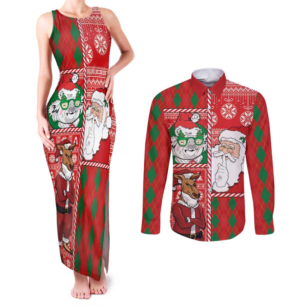 Australian Christmas Couples Matching Tank Maxi Dress and Long Sleeve Button Shirt - Santa Koala Kangaroo and Holiday Cheer LT03 Red - Polynesian Pride