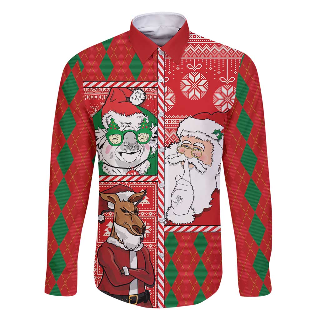 Australian Christmas Family Matching Mermaid Dress and Hawaiian Shirt - Santa Koala Kangaroo and Holiday Cheer LT03 Dad's Shirt - Long Sleeve Red - Polynesian Pride