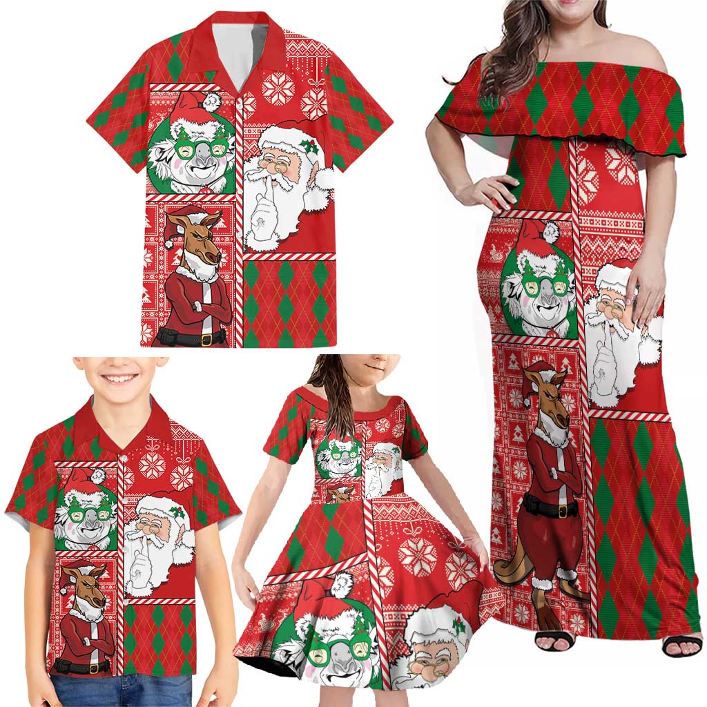 Australian Christmas Family Matching Off Shoulder Maxi Dress and Hawaiian Shirt - Santa Koala Kangaroo and Holiday Cheer LT03 - Polynesian Pride
